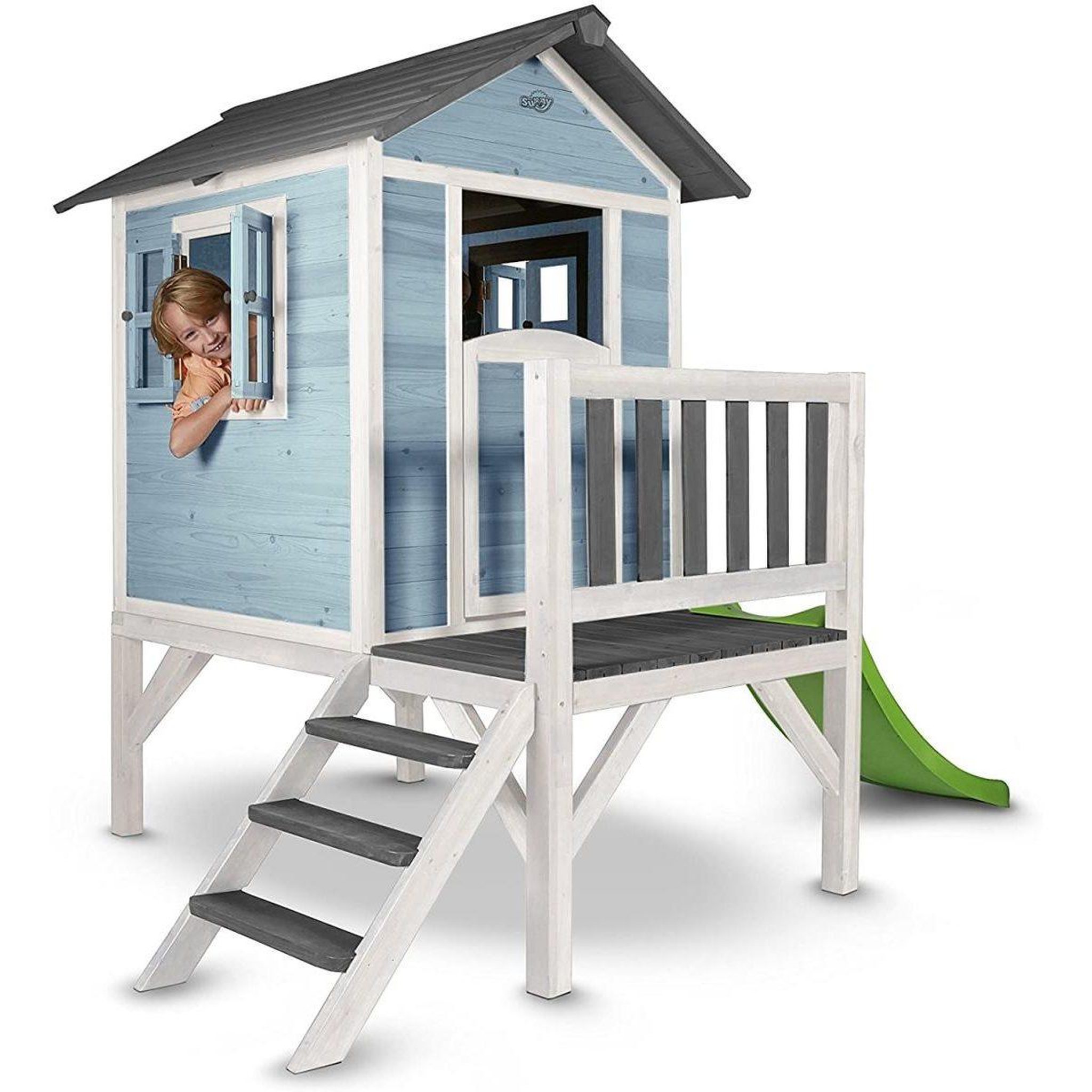 Axi House Axi maisonnette lodge xl en bois  bleue toboggan vert