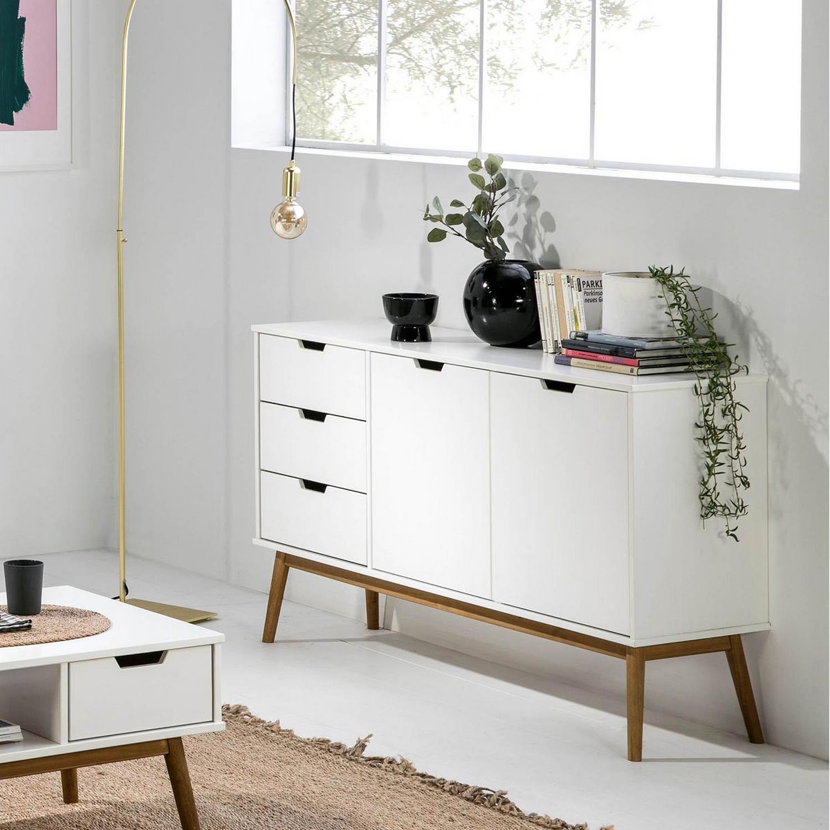 VS VENTA-STOCK Buffet Baku 3 tiroir y 2 porte blanc, pin massif, longueur 140 cm