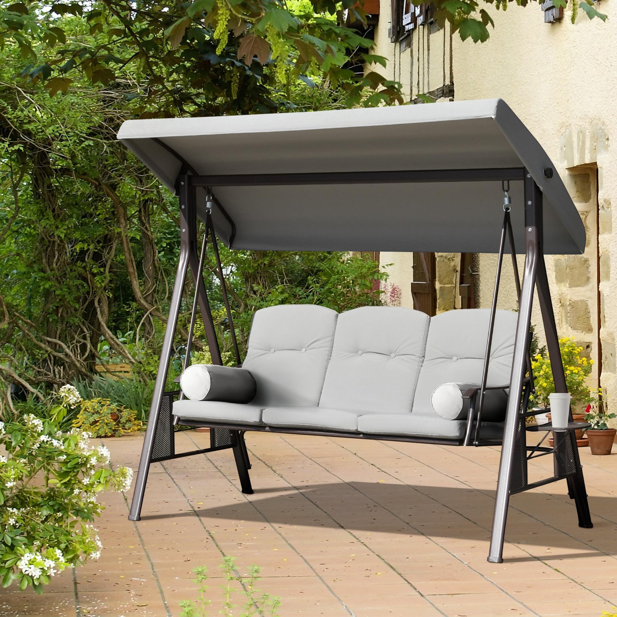 Voir la diapositive 2 : OUTSUNNY Balancelle de jardin 3 places grand confort toit inclinaison réglable coussins plateaux rétractables polyester filé gris