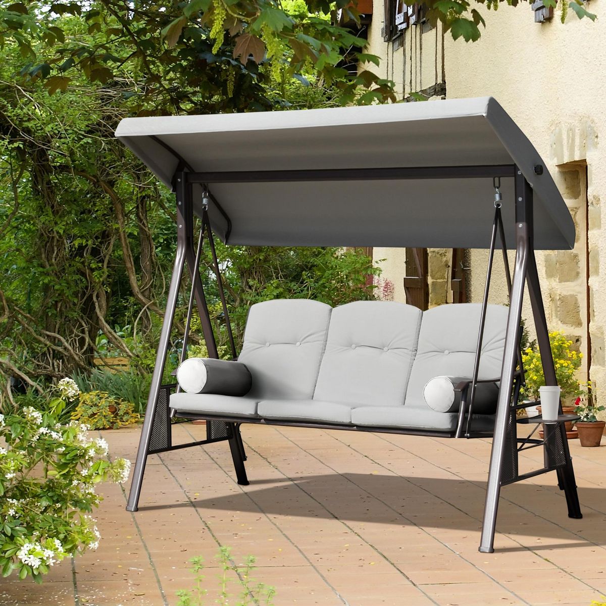 OUTSUNNY Balancelle de jardin 3 places grand confort toit inclinaison réglable coussins plateaux rétractables polyester filé gris