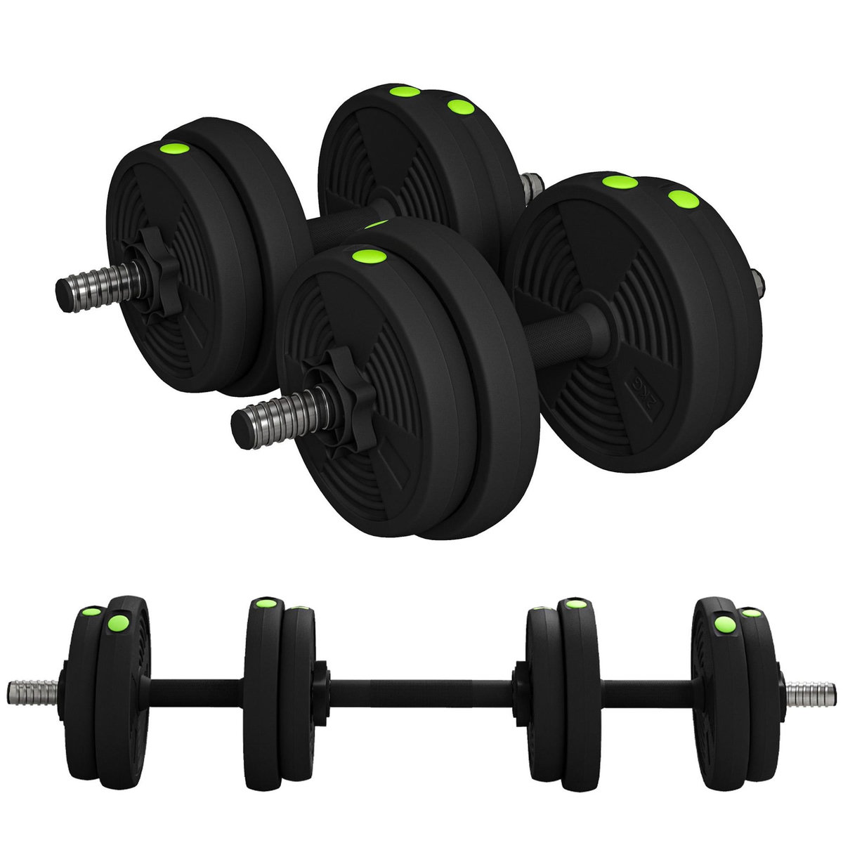 HOMCOM Haltères 2 en 1 réglables - haltères libres 15 Kg - barres incluses - entraînement musculaire & haltérophilie - noir vert