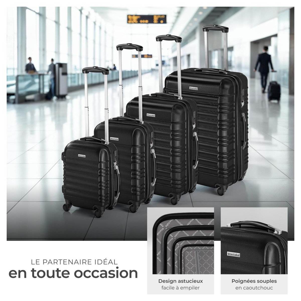tectake Set de valises trolley rigides 4 parties, en plastique ABS robuste noir