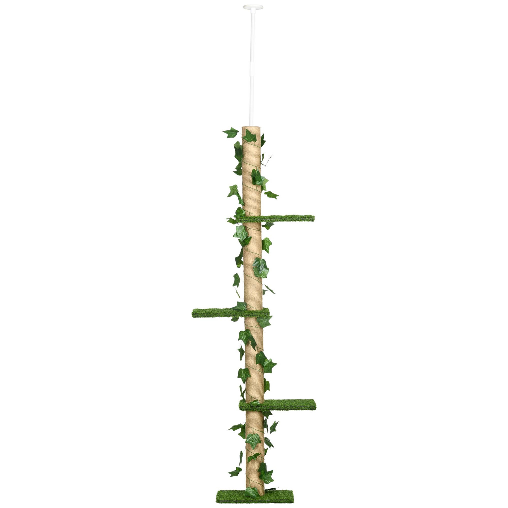 PAWHUT Arbre à chat poteau à griffer design hauteur réglable dim. 37l x 21l x 202- 242h cm 4 niveaux beige vert