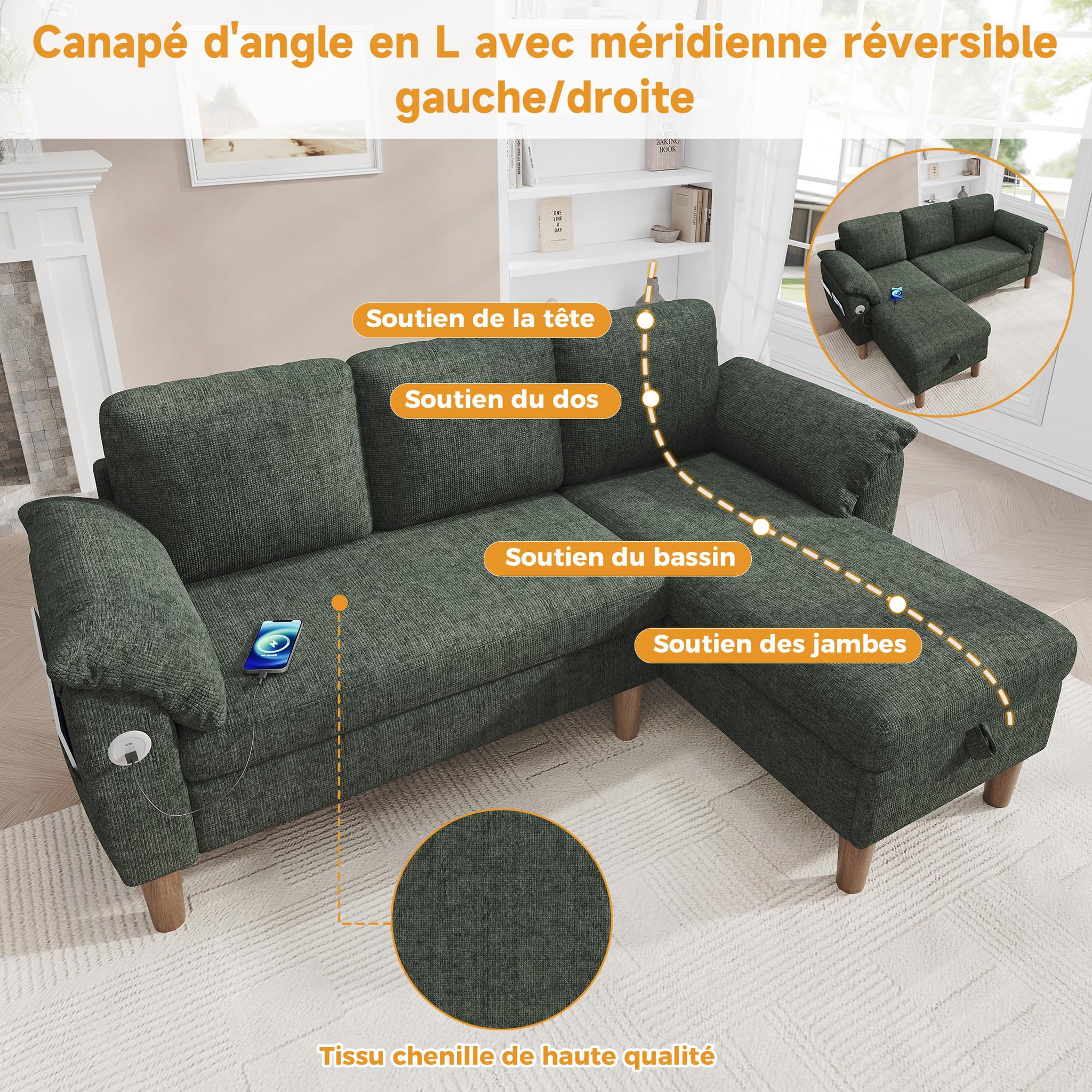 Voir la diapositive 6 : MERAX Canapé d'angle 3 places avec méridienne coffre tissu chenille usb type-c