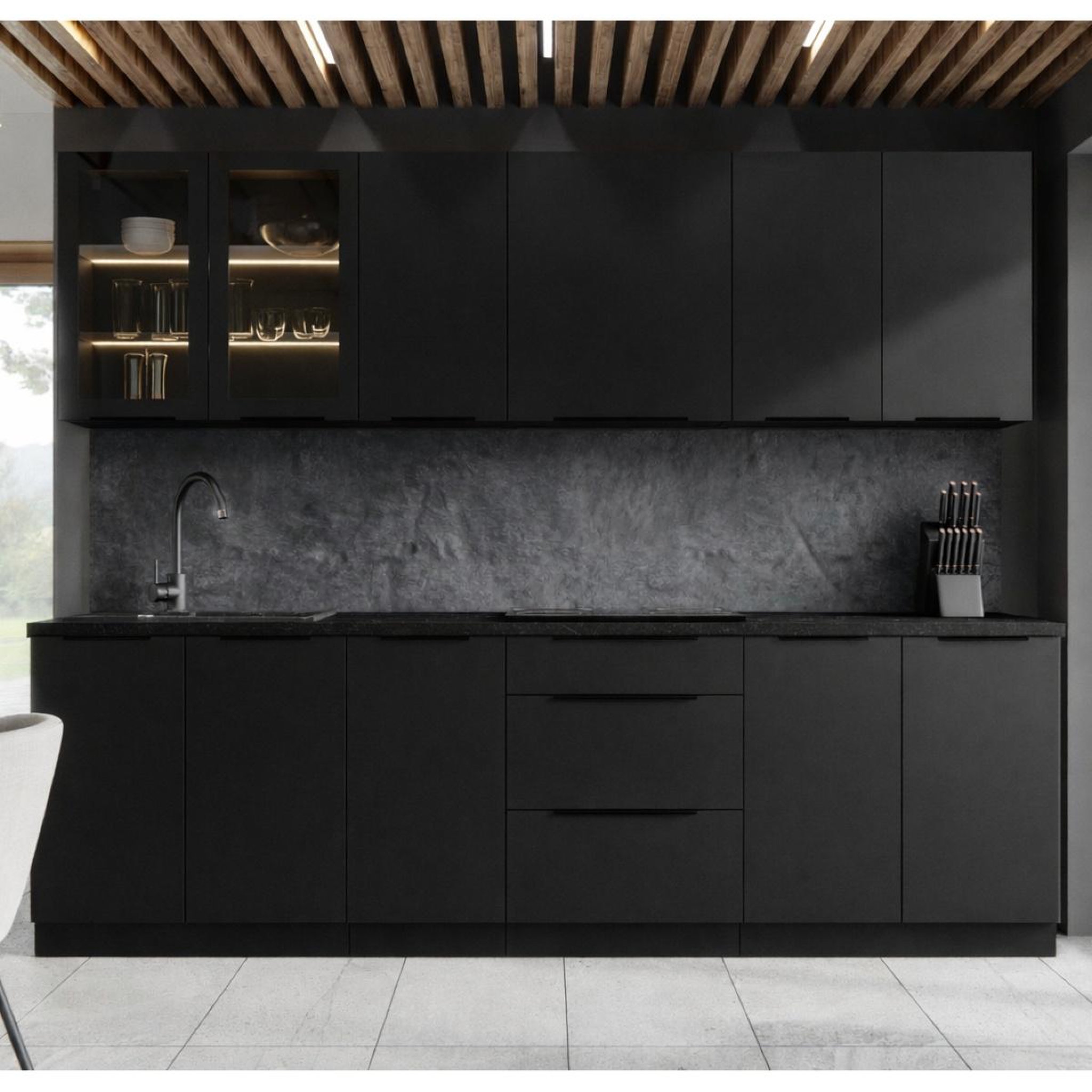Voir la diapositive 2 : JLC KREATION Cuisine complète moderne noire 260cm MAO