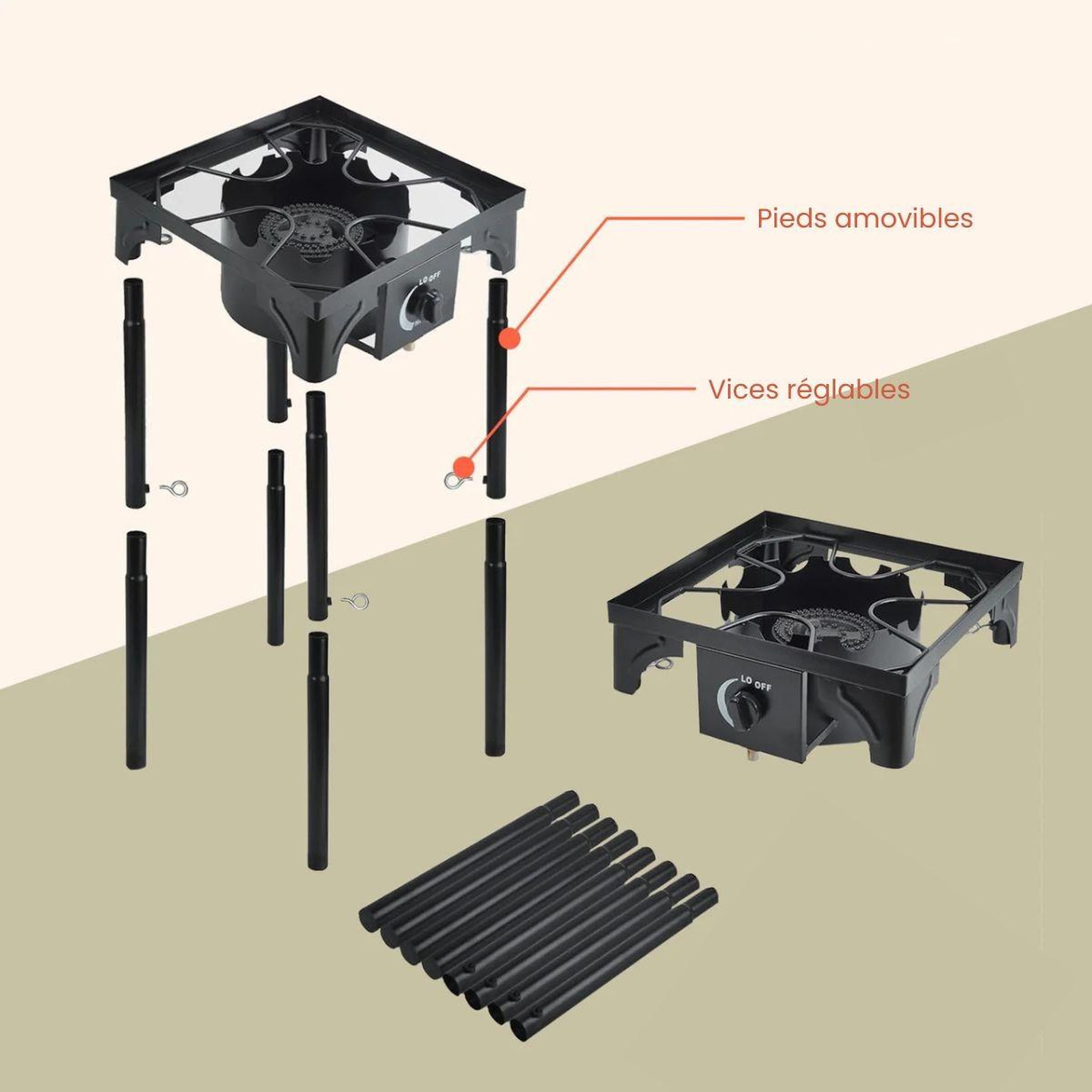 Voir la diapositive 5 : INTEC Réchaud à gaz 1 feu barbecue grill 4,5kw 2en1 bruleur fonte + plaque grill fonte 40×40cm 3 hauteurs modulables piezo intec