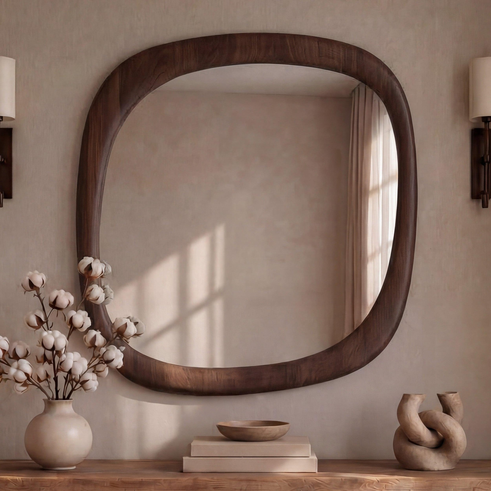 Voir la diapositive 2 : MAISON PAVANE Miroir carré en placage noyer, 120 x 120 cm-Yoko