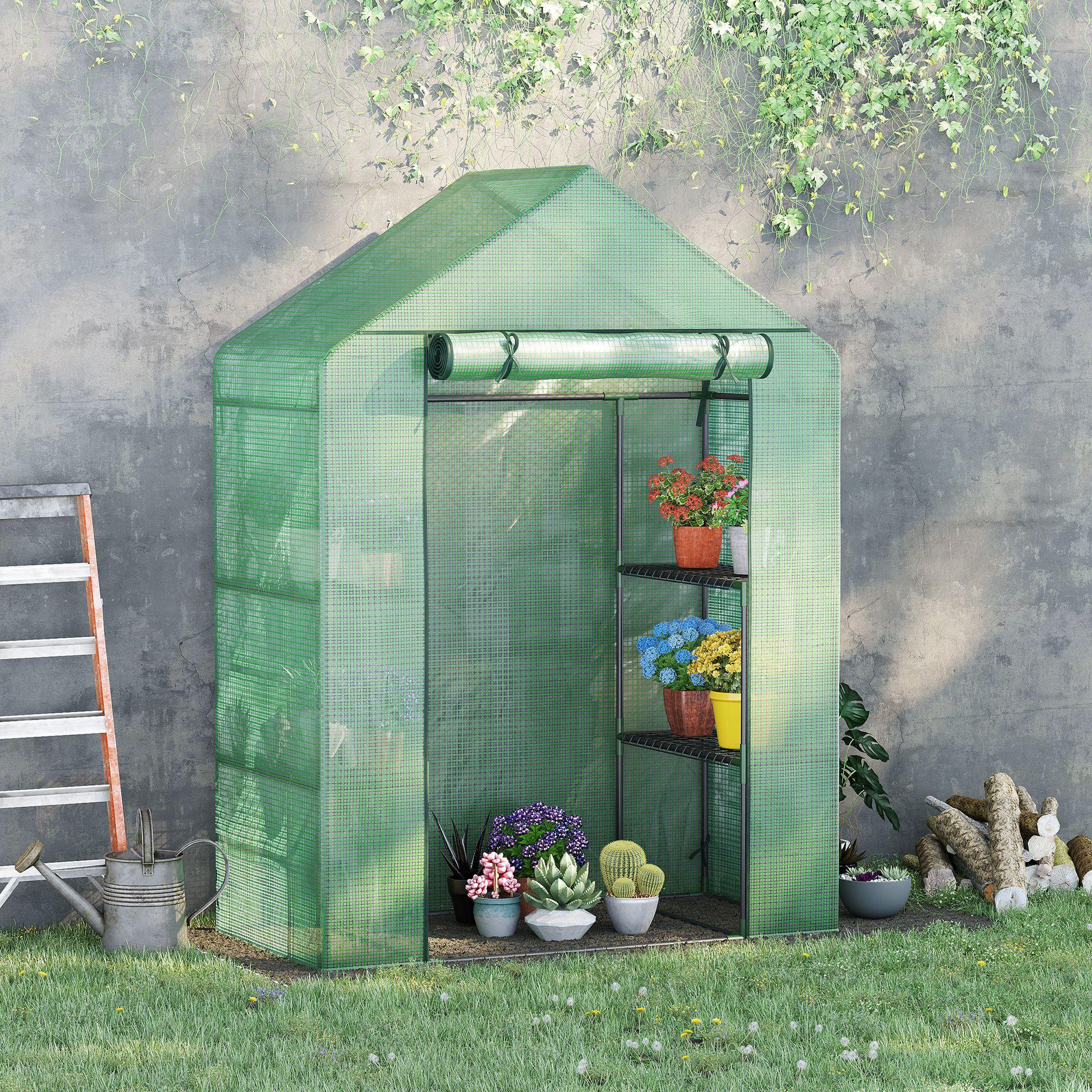 Voir la diapositive 6 : OUTSUNNY Serre de jardin balcon porte déroulante 4 étagères incluses