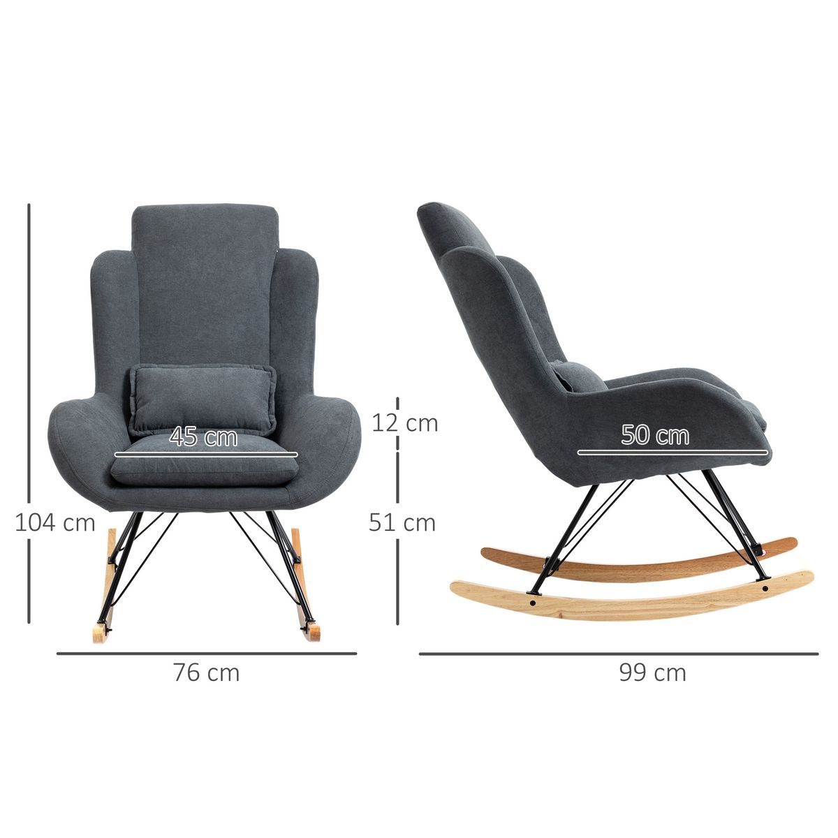 HOMCOM Fauteuil à bascule oreilles rocking chair grand confort accoudoirs assise dossier garnissage mousse haute densité lin gris