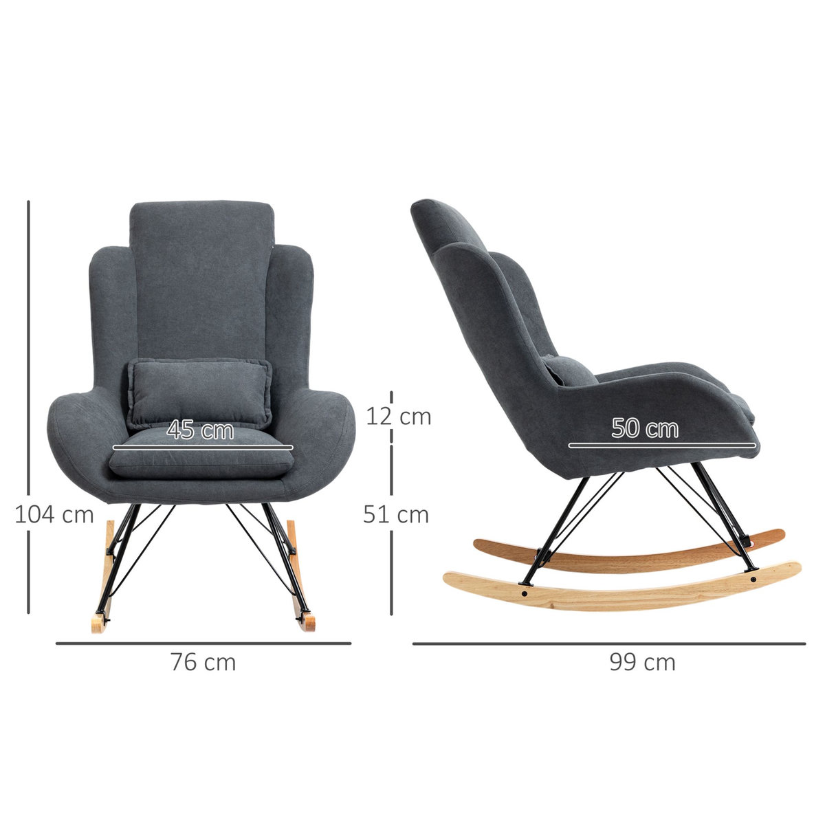 HOMCOM Fauteuil à bascule oreilles rocking chair grand confort accoudoirs assise dossier garnissage mousse haute densité lin gris