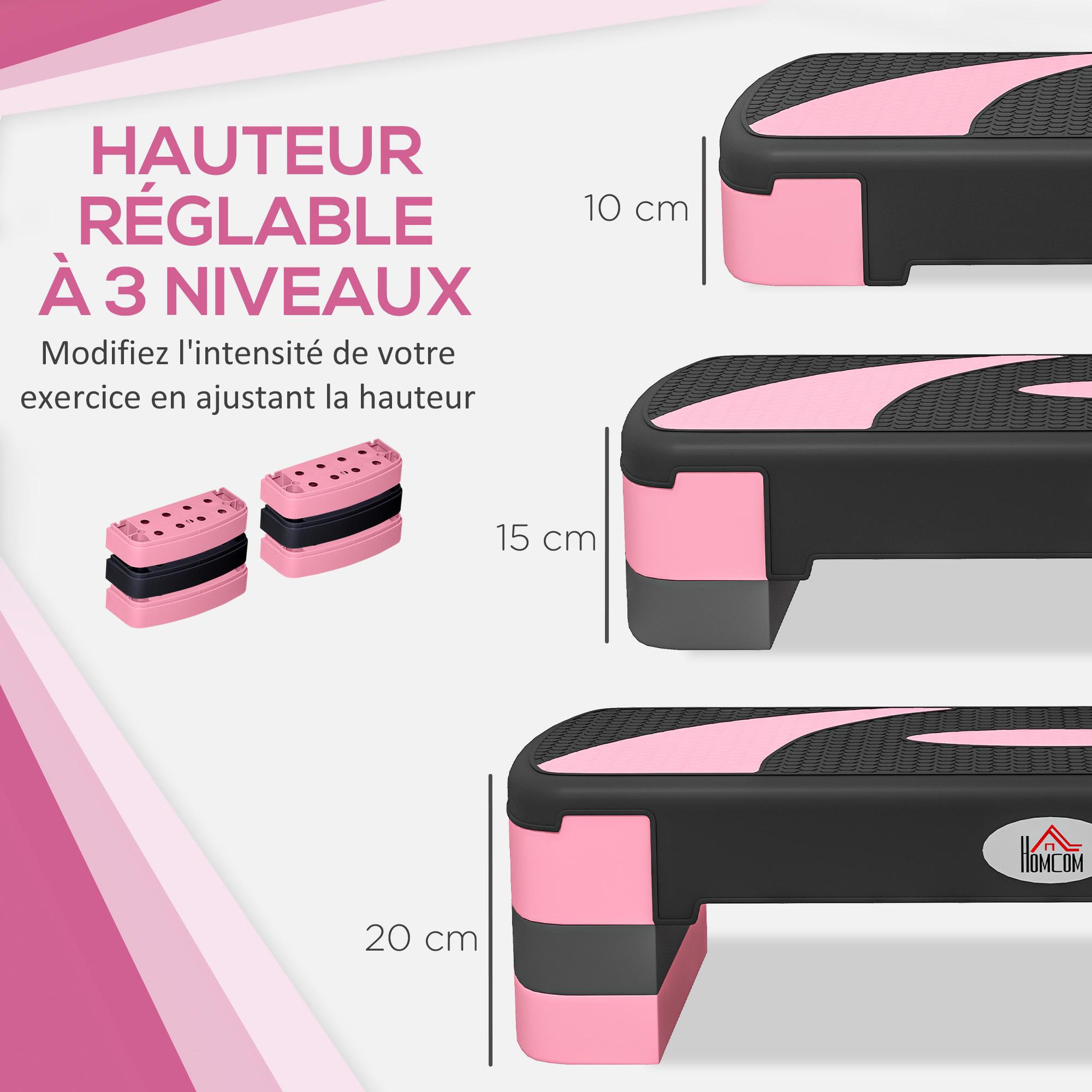 Voir la diapositive 5 : HOMCOM Stepper fitness aerobic hauteur reglable surface antiderapante 80 x 31 x 20 cm noir rose