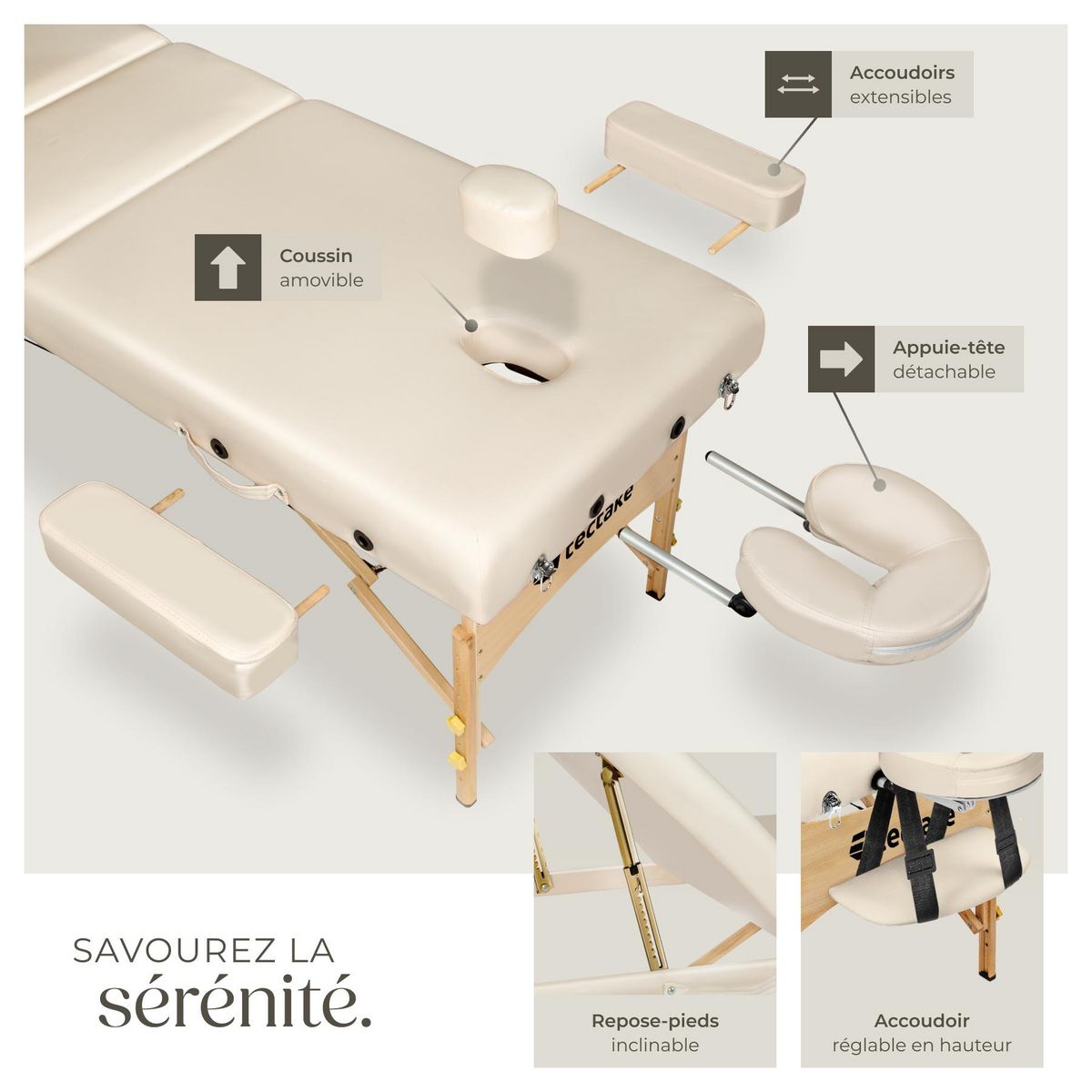 tectake Table de massage portable pliante à 3 zones largeur 70 cm, rembourrage 7,5 cm beige