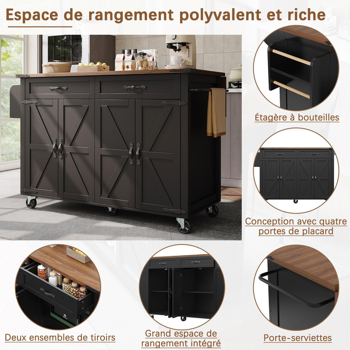 MERAX Desserte 4 portes 2 tiroirs coloris noir mdf