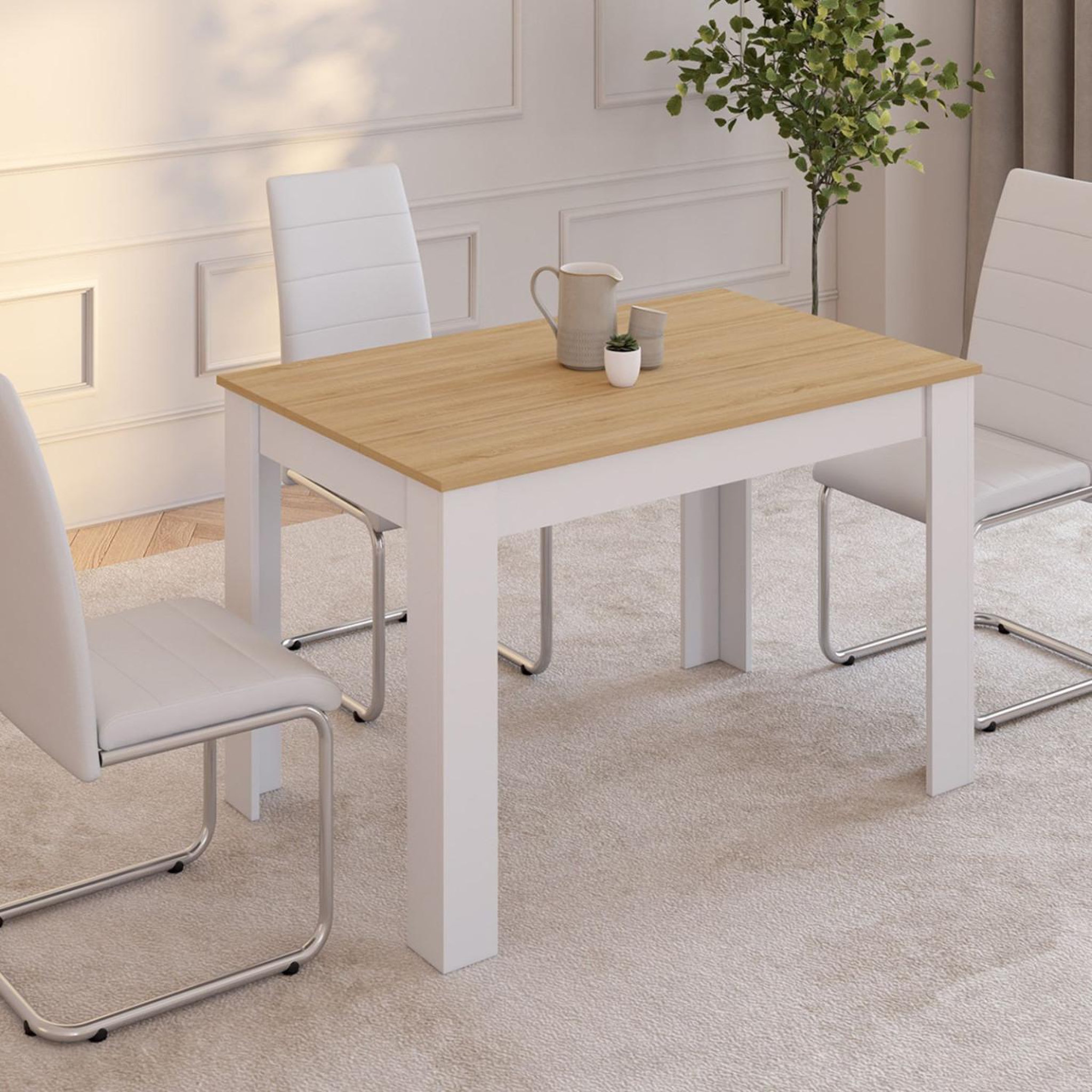 Voir la diapositive 2 : ID MARKET Table à manger rectangle rozy 4 personnes blanc plateau façon hêtre 110 cm