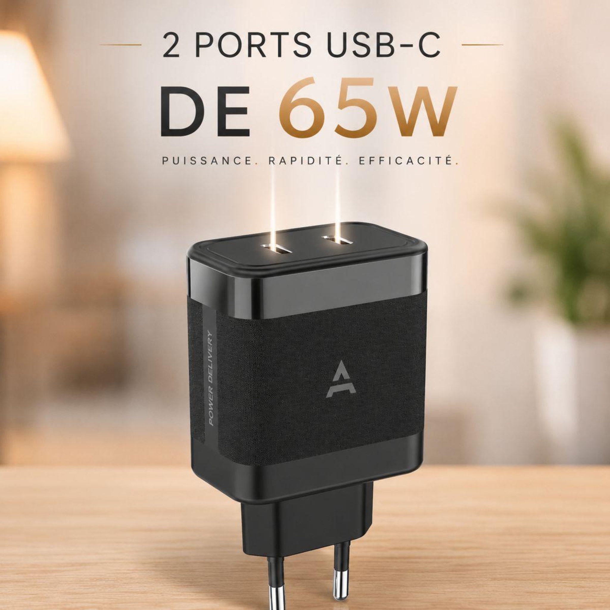 Voir la diapositive 2 : ADEQWAT Chargeur ordinateur portable 65w charge rapide 2 usb-c - noir