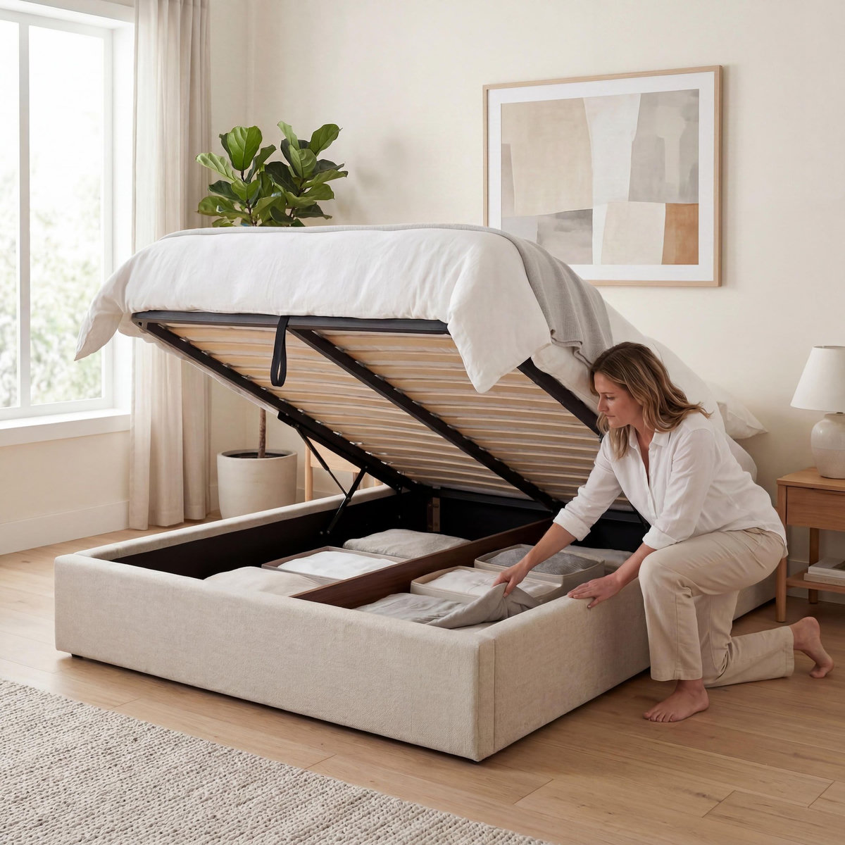 OLYMPE LITERIE OLYMPE LITERIE | Lit coffre tissu beige ATLAS 2 places