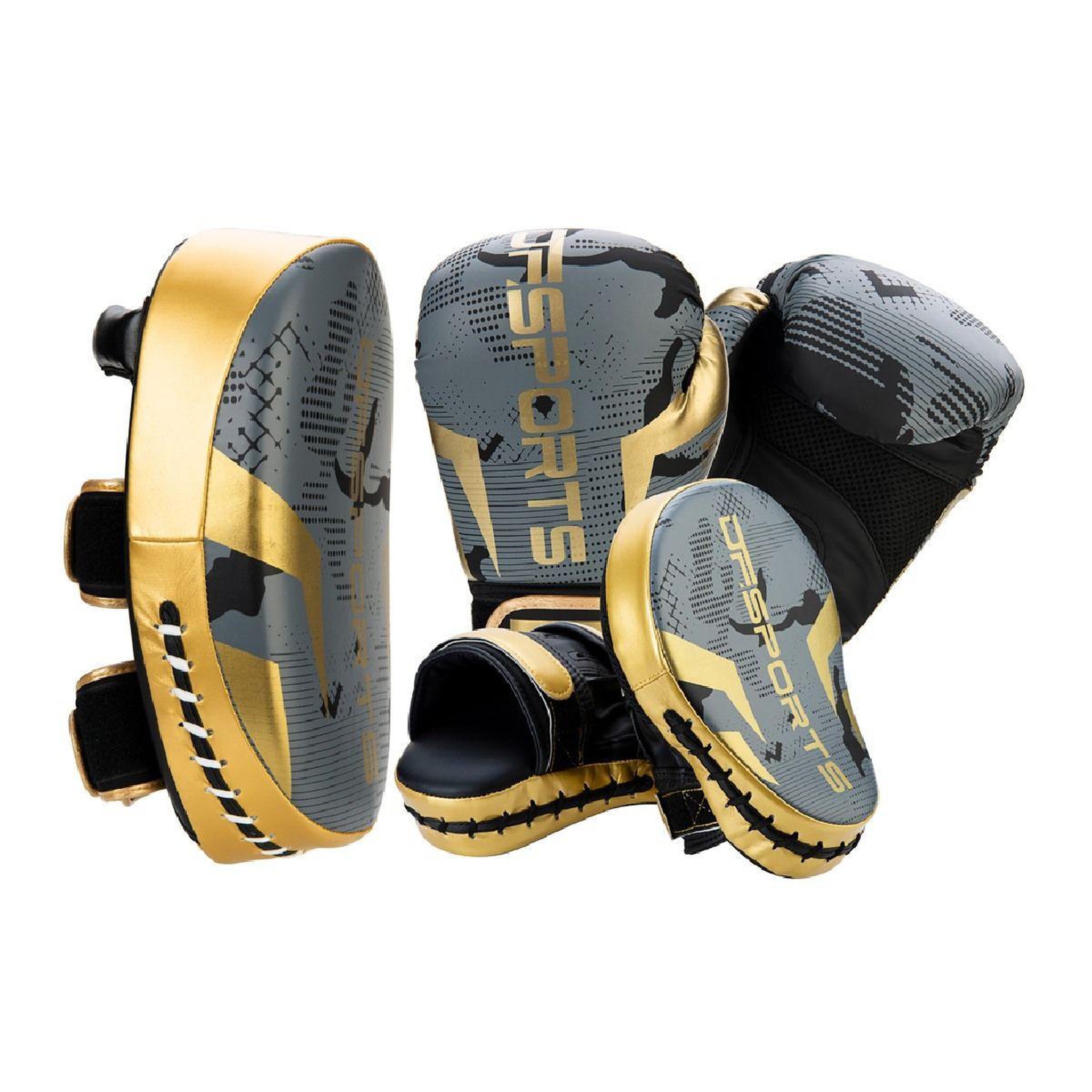 DE FAUGERES Set d'Entrainement Gants, Patte d'Ours & Pao  Boxe  12oz Gris & Or