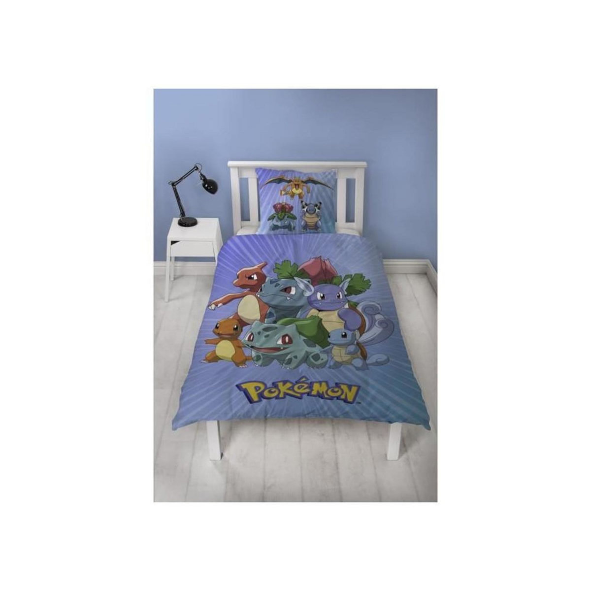 Pokemon Parure de lit réversible - POKEMON - Pikachu et Starter - Bleu - Microfibre - 1 housse de couette 140 x 200 cm + 1 taie 63 x 63