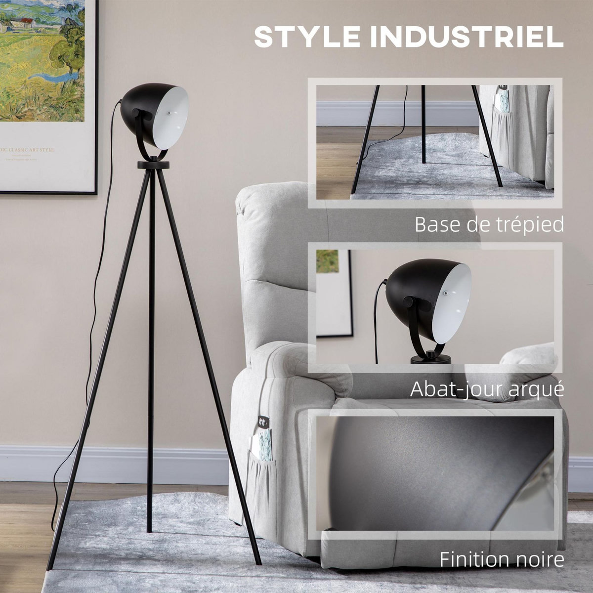 HOMCOM Lampadaire trépied style industriel abat-jour ajustable E27 40W max. dim. 60L x 54l x 135H cm métal noir blanc
