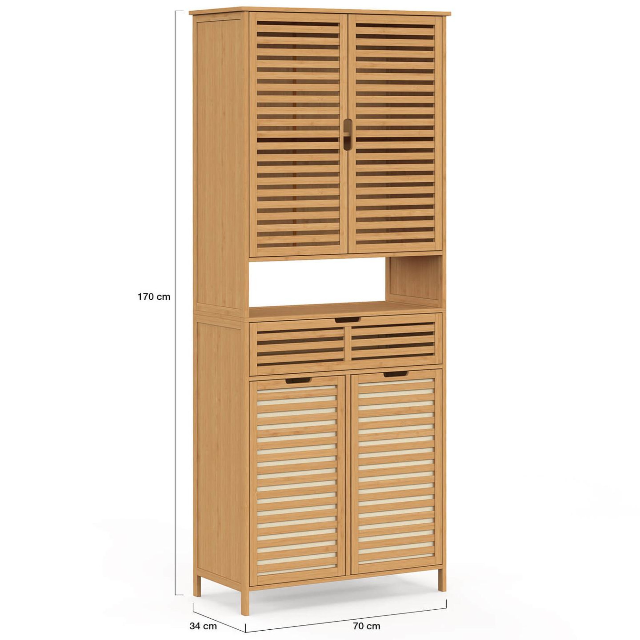 Voir la diapositive 5 : ID MARKET Meuble armoire colonne salle de bain bambou BEA 4 portes avec 2 paniers à linge amovibles 1 tiroir