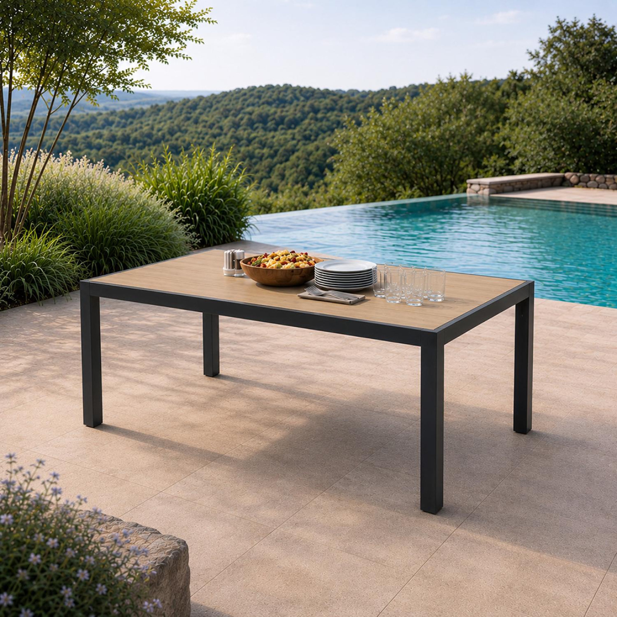 Voir la diapositive 2 : CONCEPT USINE Table de jardin 200cm en aluminium et avec plateau en verre trempé effet bois LAGOS