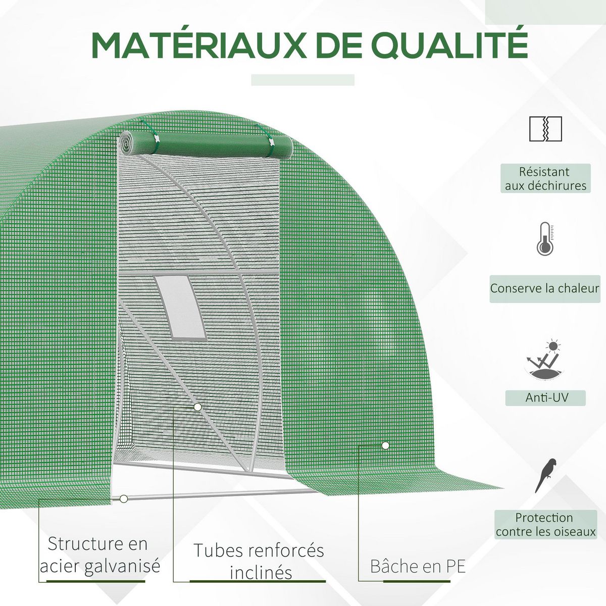 OUTSUNNY Serre tunnel de jardin 9 m² - 3 x 3 x 2 m - 4 fenêtres, porte zippée enroulable - acier galvanisé PE haute densité vert
