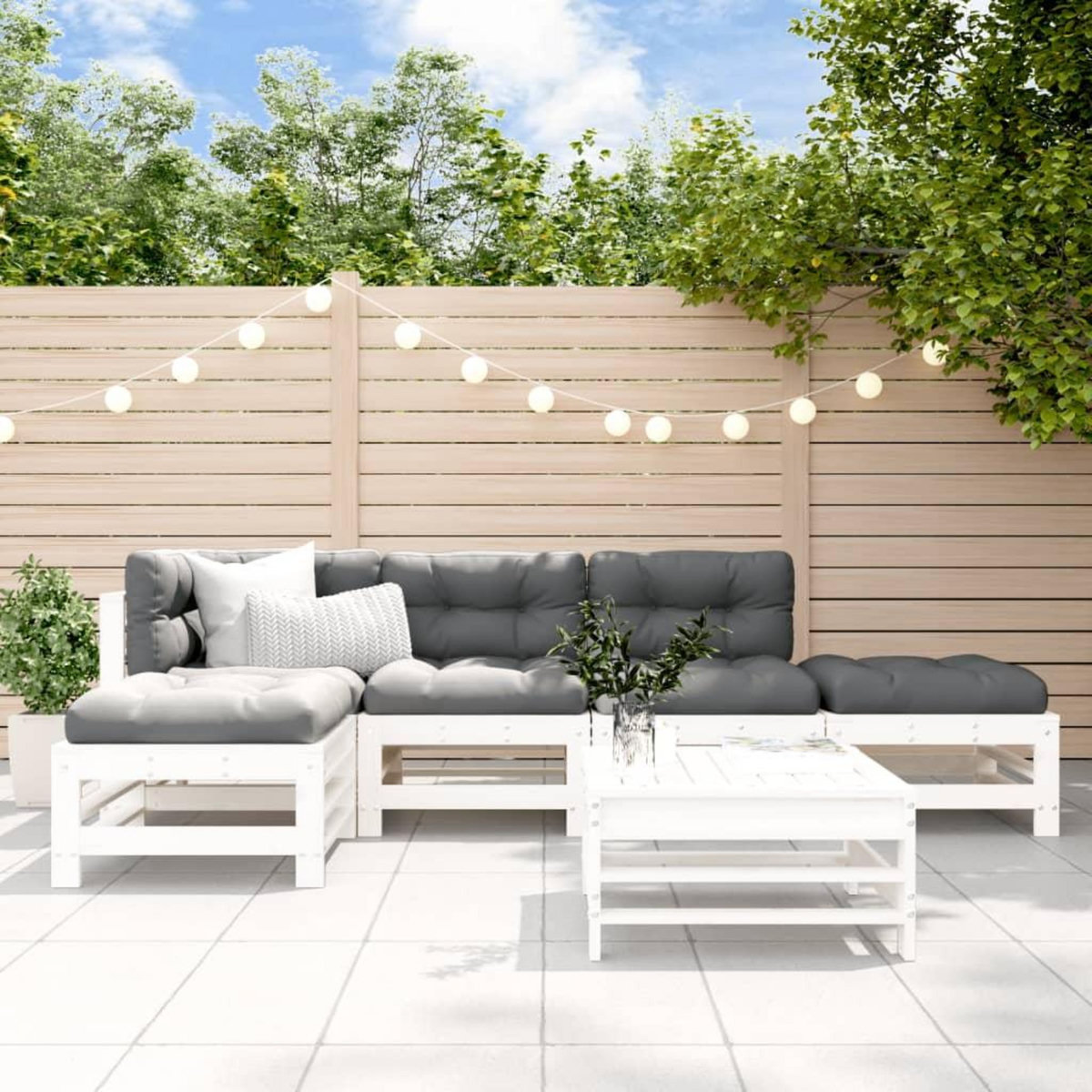 VIDAXL Salon de jardin 6 pcs avec coussins blanc bois massif