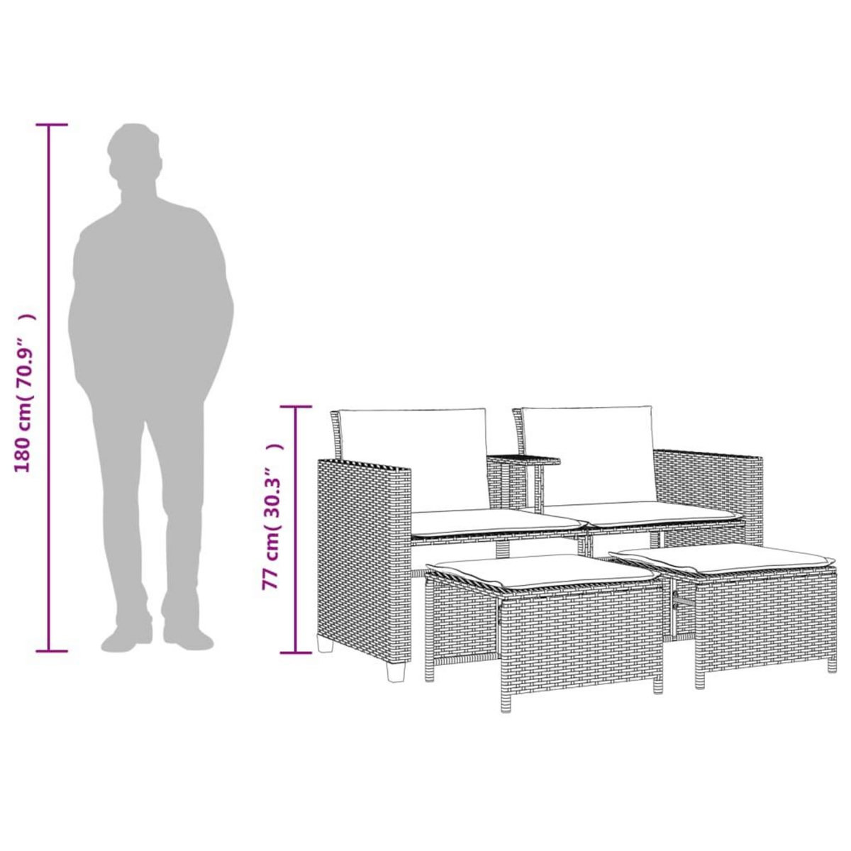 VIDAXL Canape de jardin 2 places avec table tabourets gris clair rotin