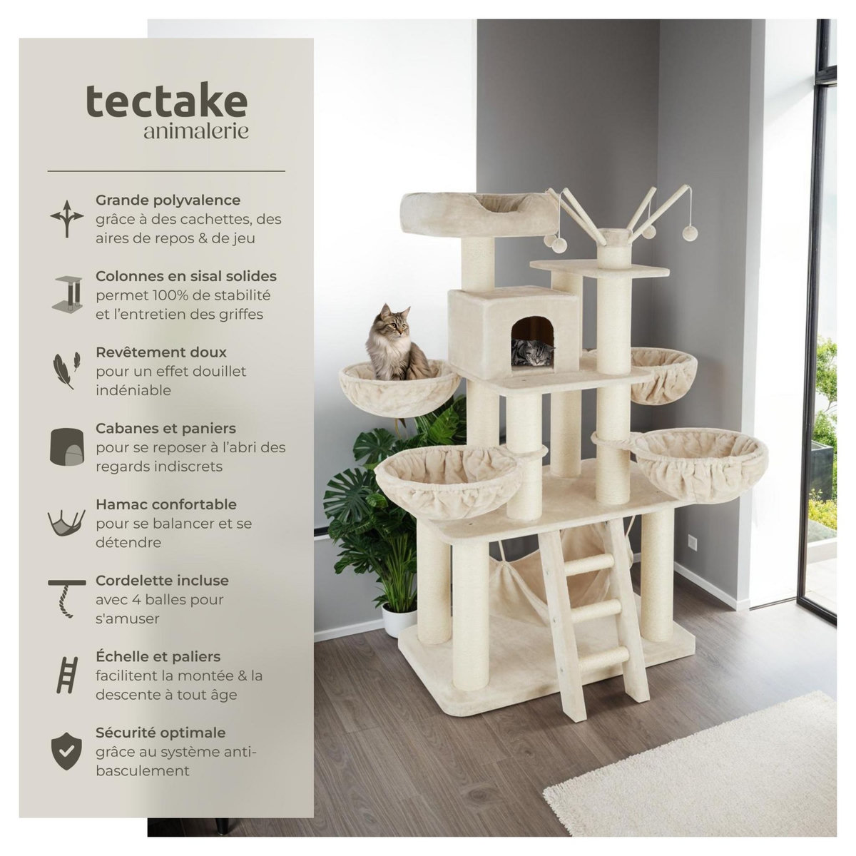 tectake Arbre à chat 195 cm avec griffoir et plateforme d'escalade beige/blanc