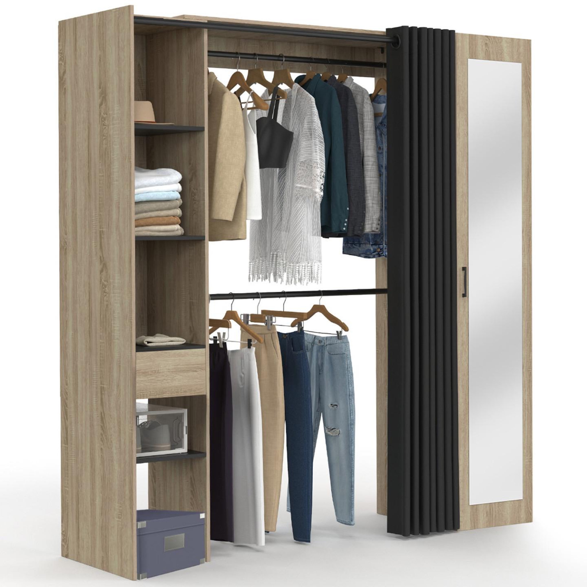 Voir la diapositive 1 : ID MARKET Dressing extensible MERYL 145/170 x 50 x 180 cm hêtre avec étagères + double penderie + miroir + rideau noir