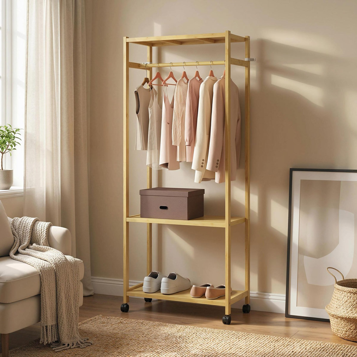 HOMCOM Portant à vêtements mobile bois bambou penderie 2 étagères