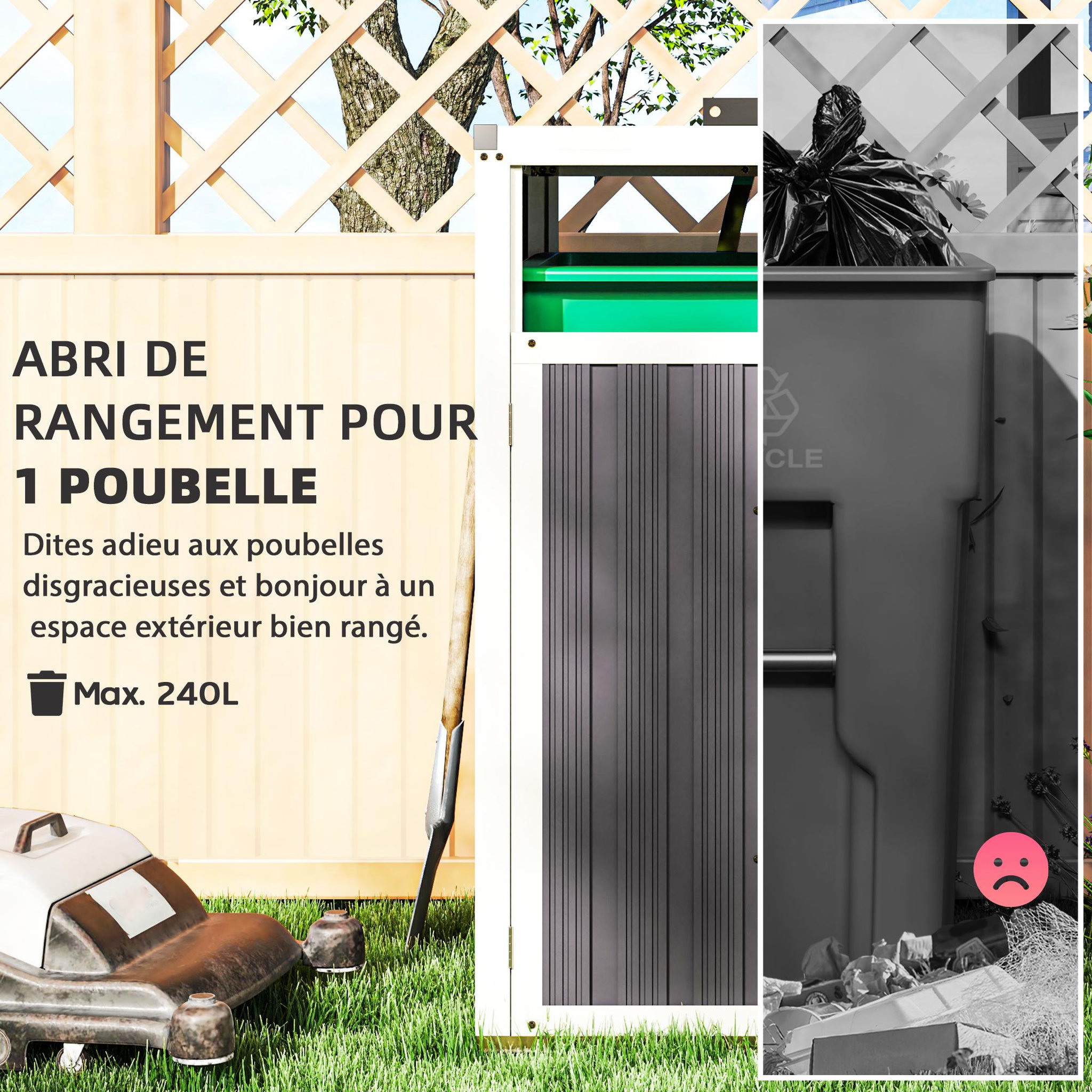 Voir la diapositive 6 : OUTSUNNY Abri poubelle - cache poubelle - 240L - porte, couvercle - tôle acier ondulé blanc gris