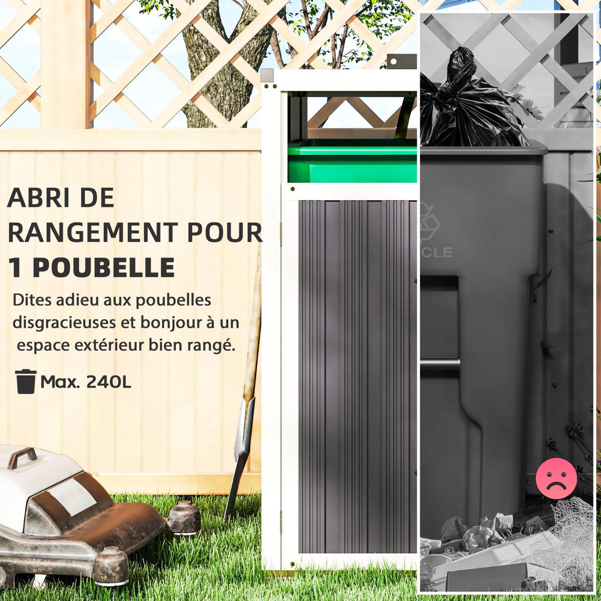 OUTSUNNY Abri poubelle - cache poubelle - 240L - porte, couvercle - tôle acier ondulé blanc gris