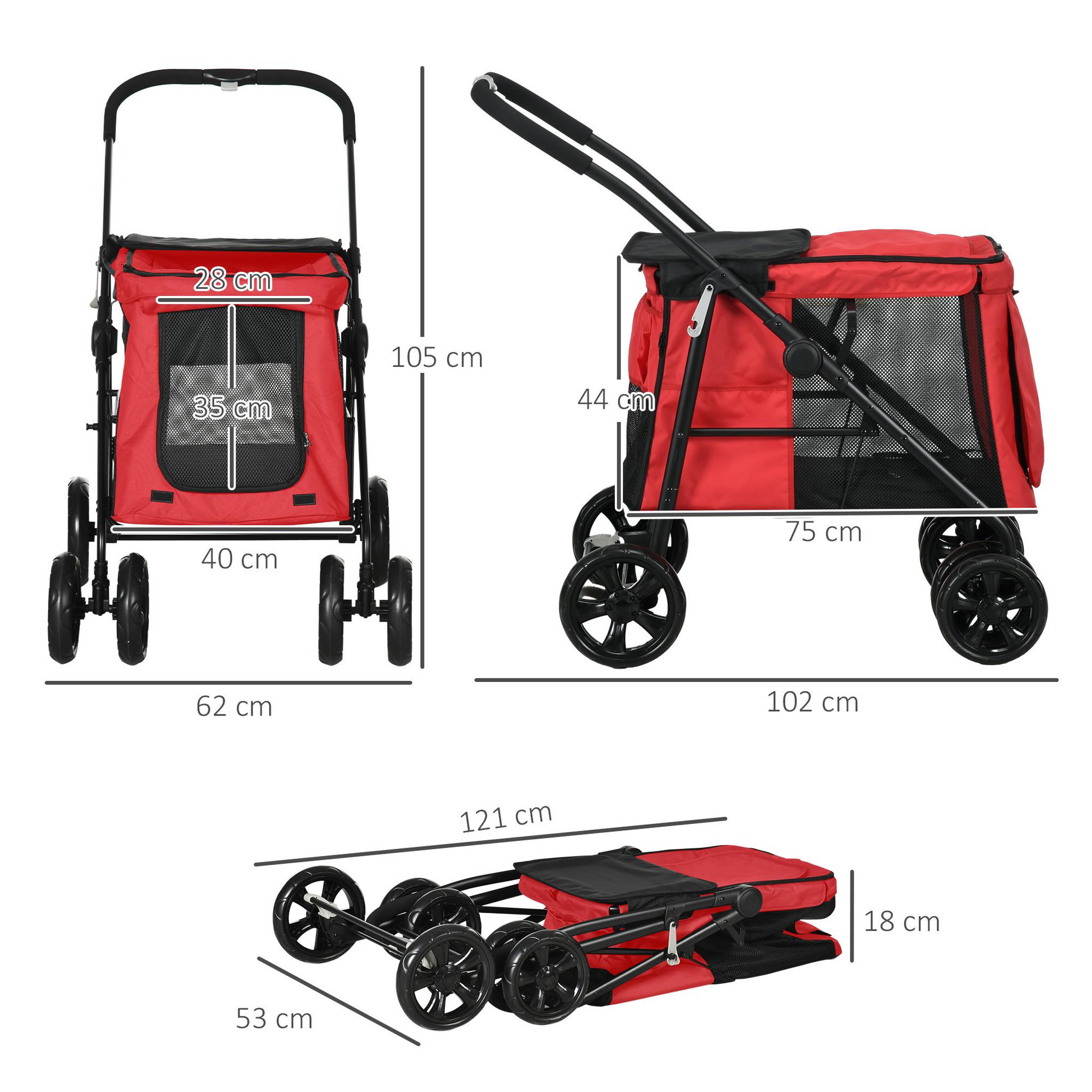 Voir la diapositive 3 : PAWHUT Poussette pliable pour chien chat 4 roues 3 pochettes rangement coussin acier oxford rouge