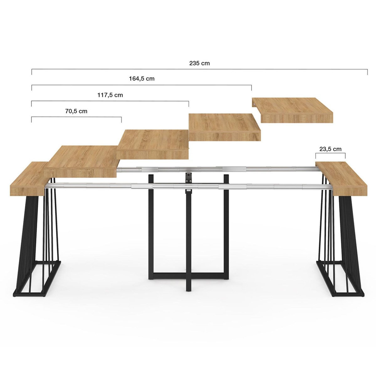 ID MARKET Table console extensible YUNA 10 personnes 235 cm plateau bois et pied filaire en métal noir