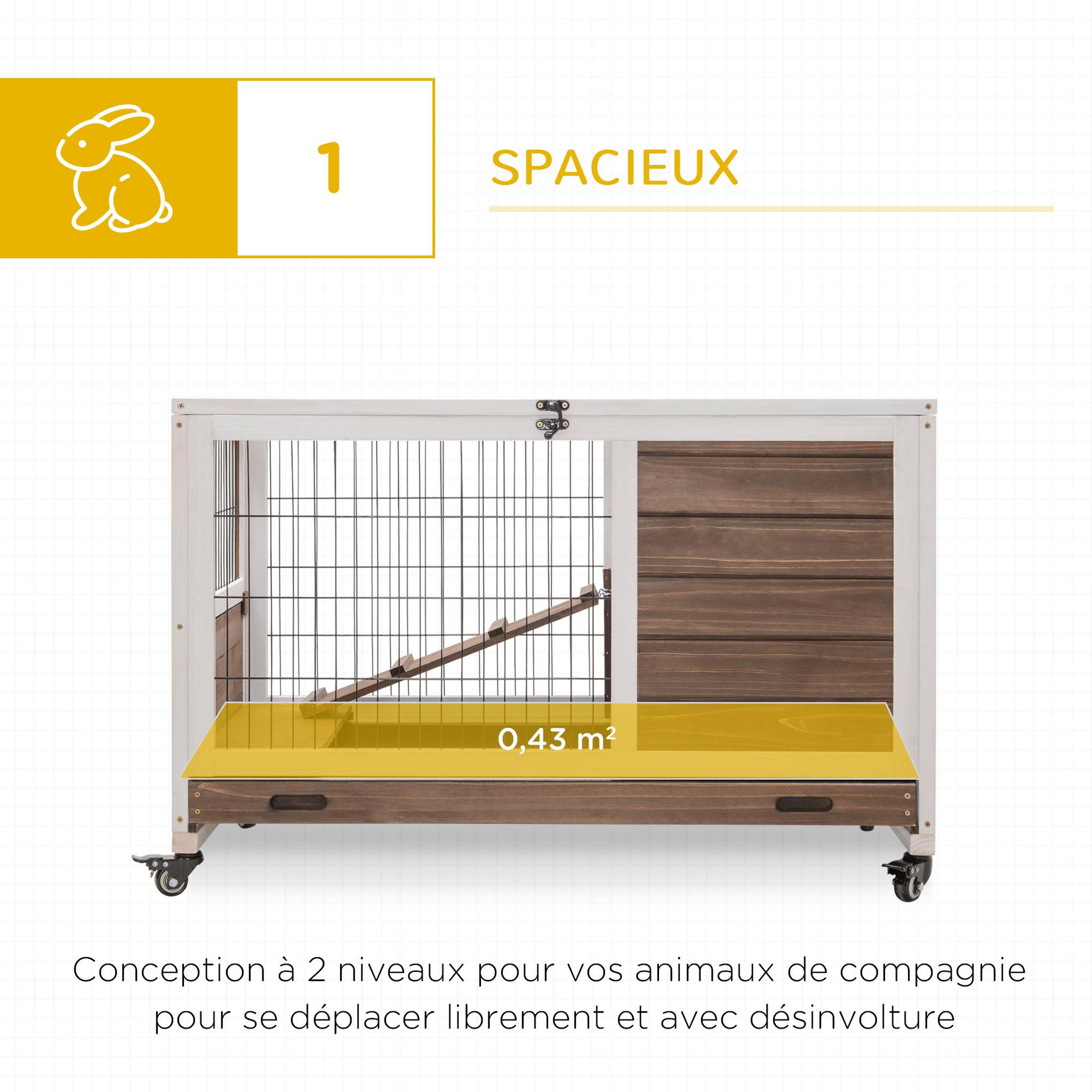 Voir la diapositive 4 : PAWHUT Clapier à lapin sur roulettes cage à lapin 2 étages porte verrouillable toit ouvrant plateau coulissant rampe bois de sapin marron blanc