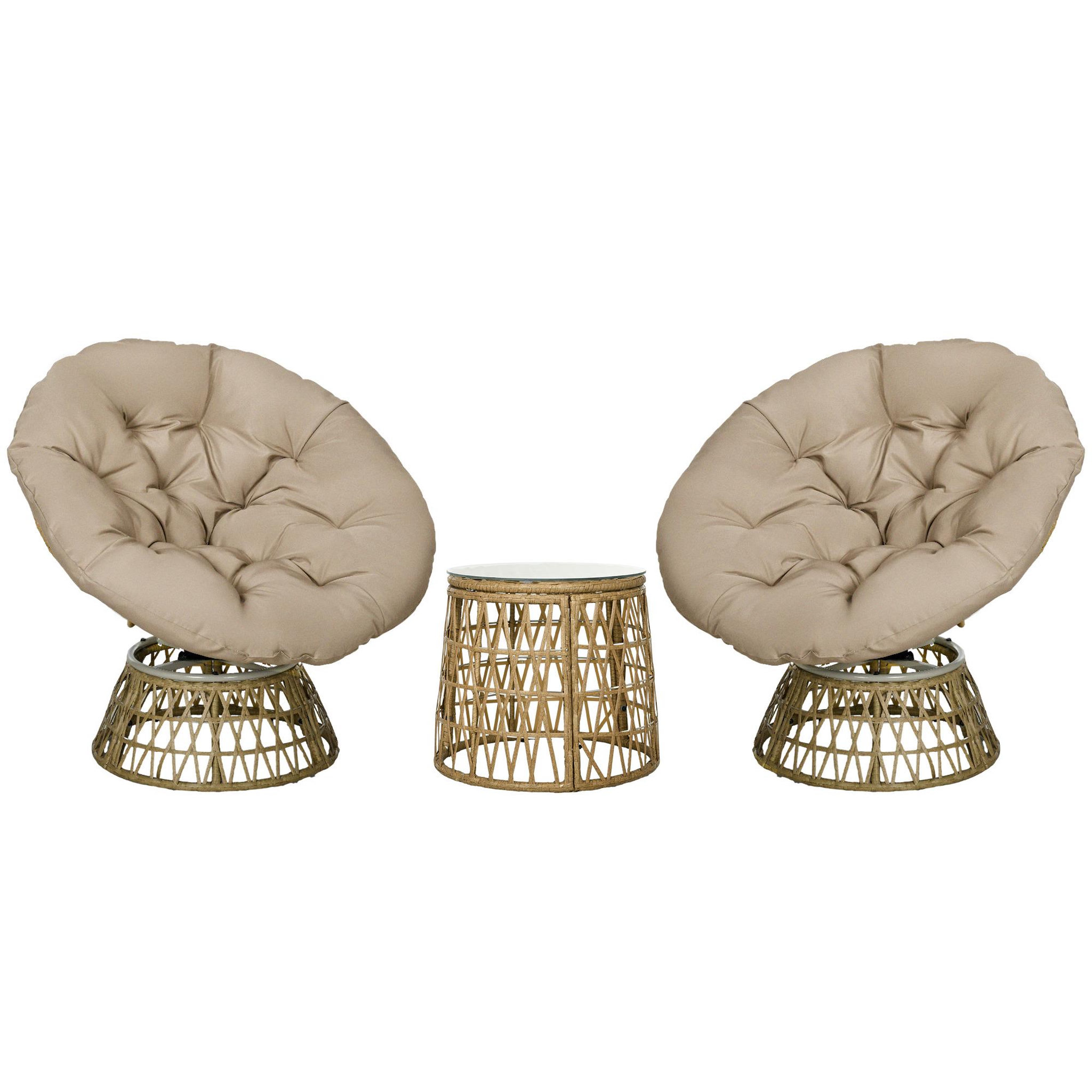 OUTSUNNY Ensemble salon de jardin 3 pièces - 2 fauteuils papasan, table basse - coussins taupe - résine tressée aspect rotin