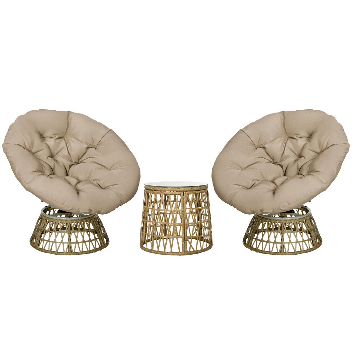 OUTSUNNY Ensemble salon de jardin 3 pièces - 2 fauteuils papasan, table basse - coussins taupe - résine tressée aspect rotin