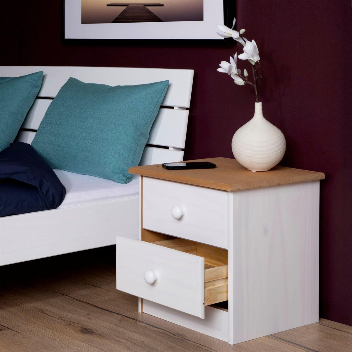 IDIMEX Table de chevet en pin RONDO, 2 tiroirs