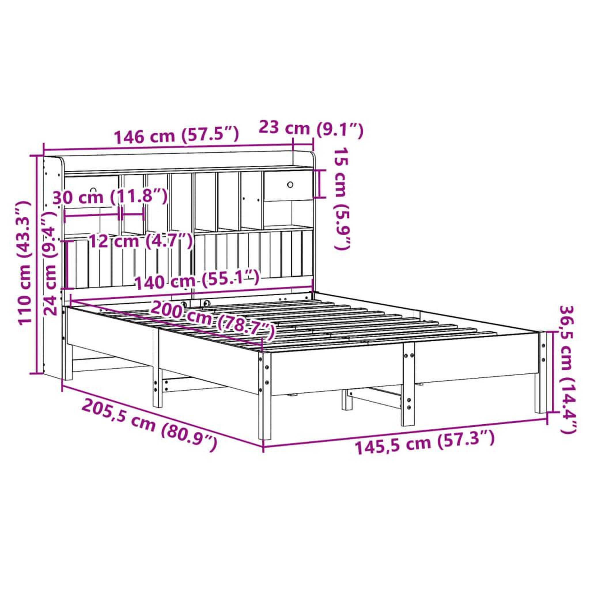Voir la diapositive 6 : VIDAXL Lit bibliotheque sans matelas blanc 140x200 cm bois pin massif