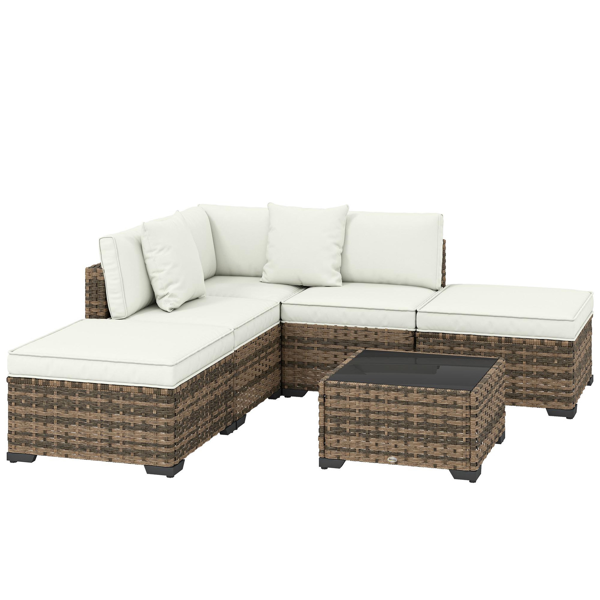 OUTSUNNY Salon de jardin d'angle 5 places avec table basse et coussins résine marron crème