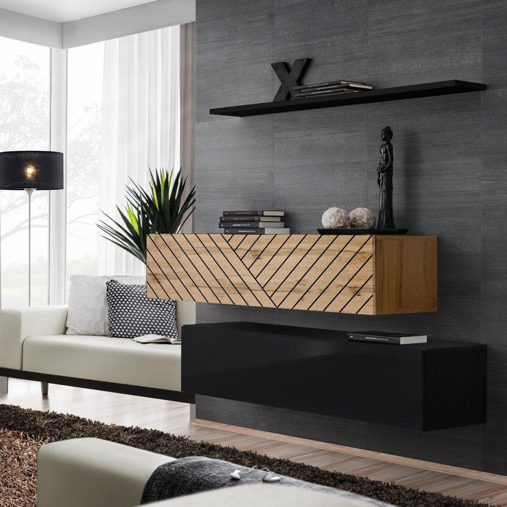 Paris Prix Lot de 2 bancs muraux & étagère  switch sbii  130cm noir & naturel rainuré