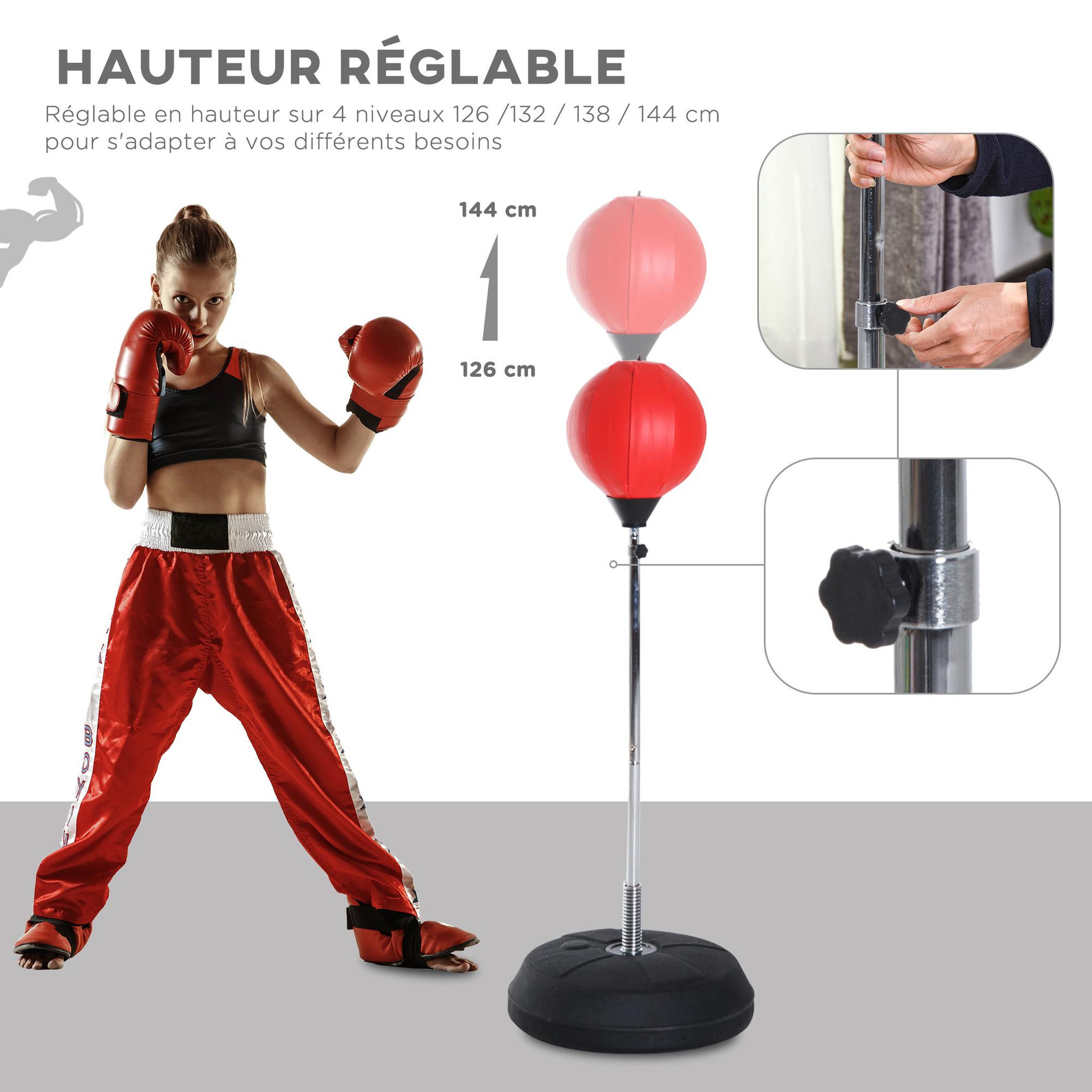 Voir la diapositive 4 : HOMCOM Punching ball sur pied réglable en hauteur 126-144 cm avec gants, pompe et base de lestage rouge