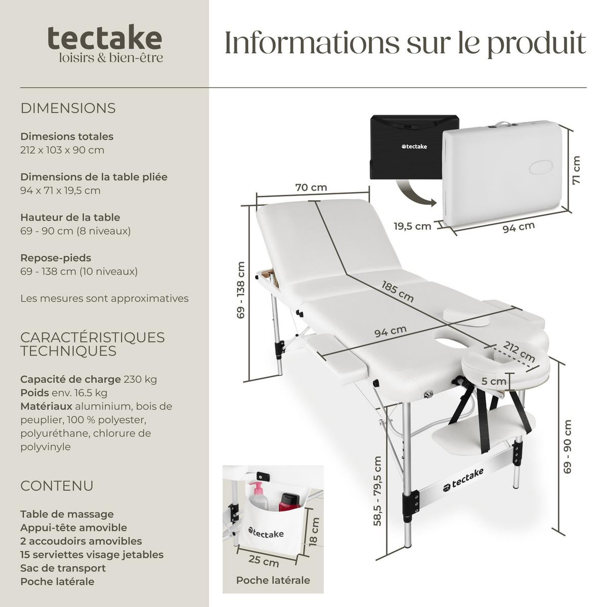 tectake Table 3 zones de massage largeur 70 cm et rembourrage 5 cm blanc