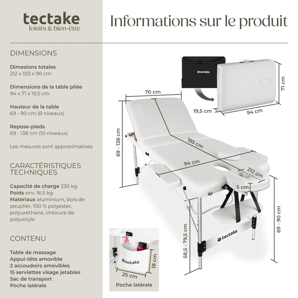 tectake Table 3 zones de massage largeur 70 cm et rembourrage 5 cm blanc
