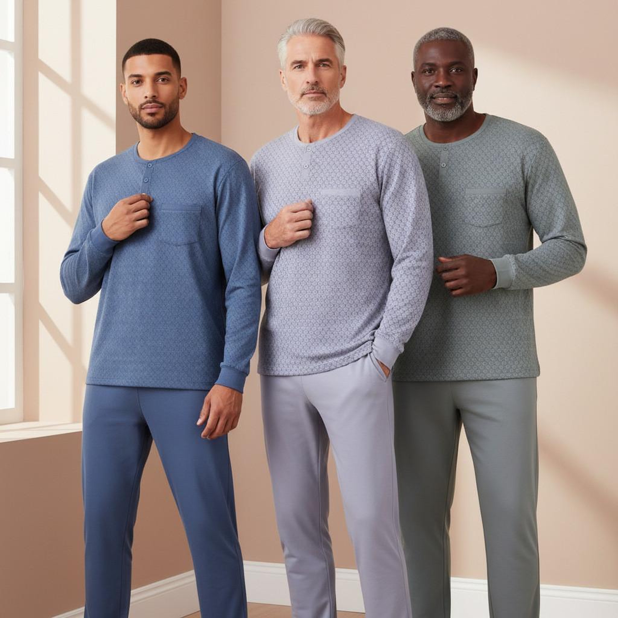 Voir la diapositive 2 : OZABI OZABI Pyjama Homme Long Pack de 3, Coton Doublé Polaire, Col Boutonné
