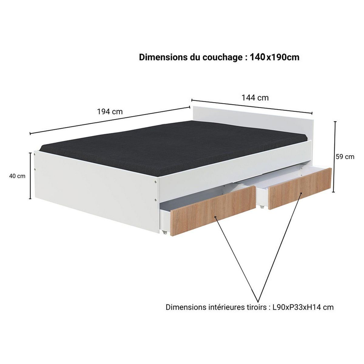 Lit avec rangements 140x190 cm, 2 tiroirs et tête de lit CAMA