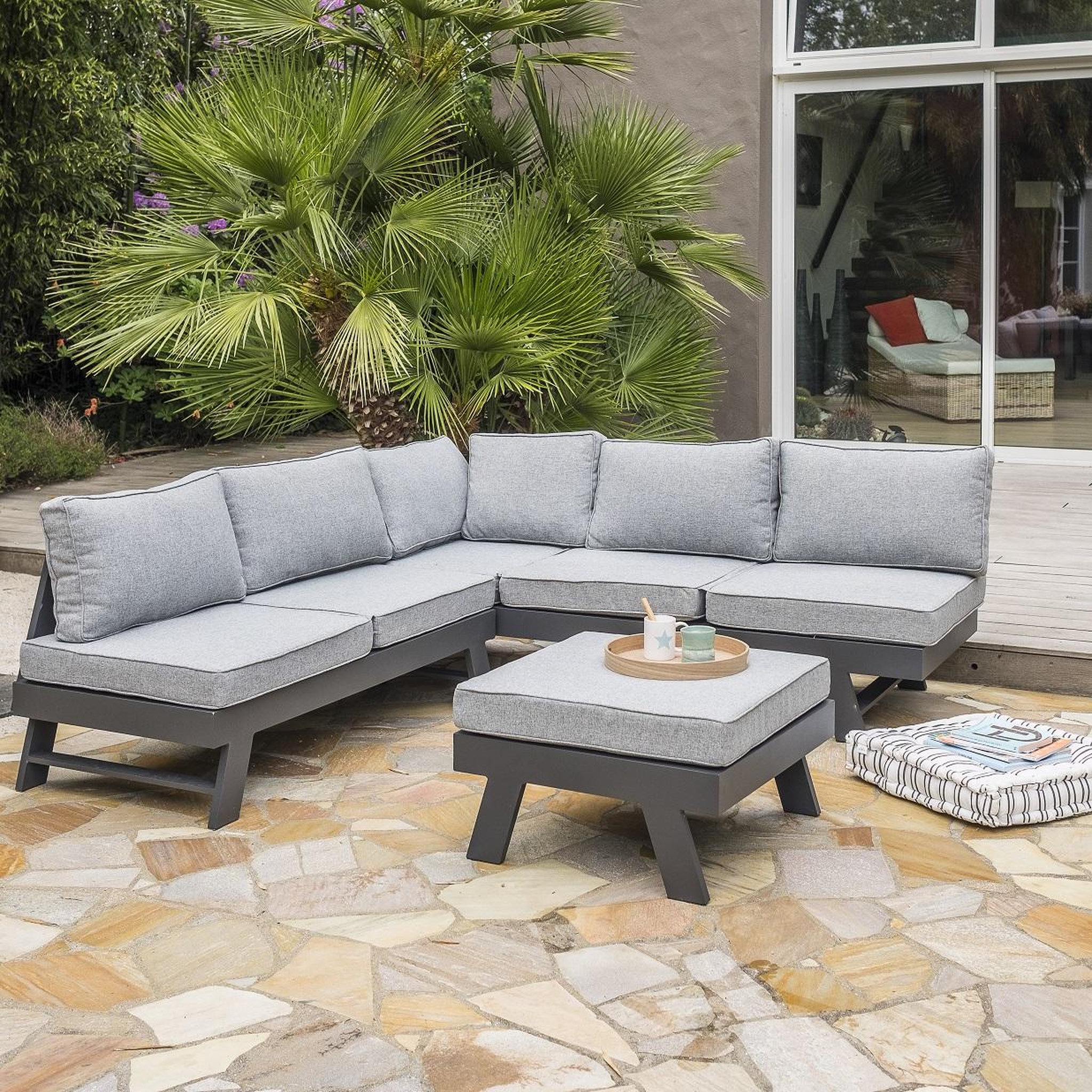 DCB GARDEN Salon bas de jardin en angle - 5/6 places - Aluminium - Anthracite