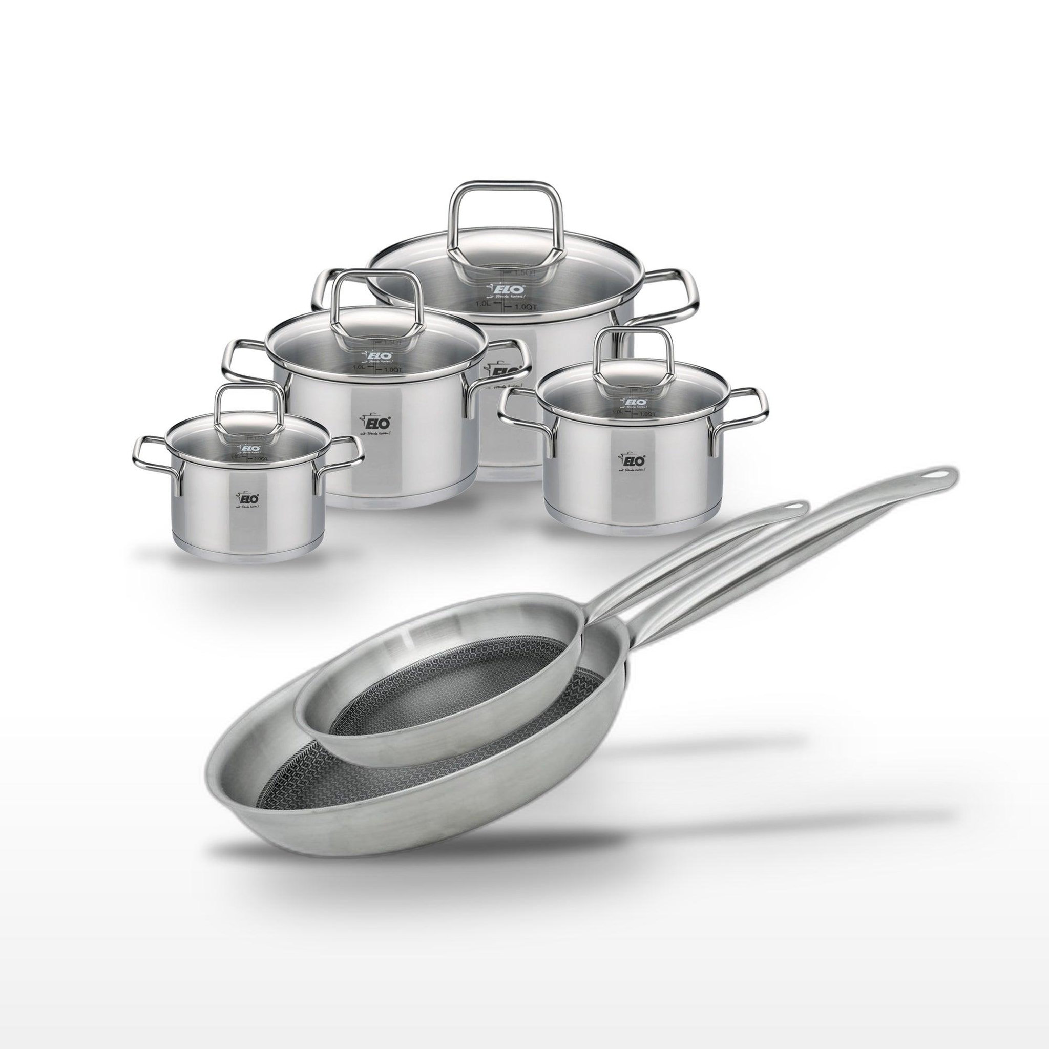 ELO Batterie de cuisine ensemble de casseroles avec poêles 24/28 cm et faitouts 12/14/16/20 cm en inox et aluminium elo collection relief solution citrin
