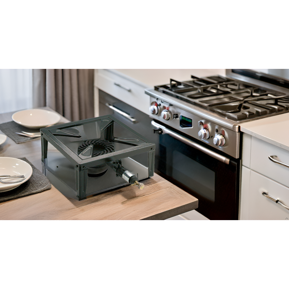 INTEC Réchaud à gaz 7.5KW Acier émaillé Bruleur fonte Réchaud Traiteur 4 pieds Cuissons extérieures